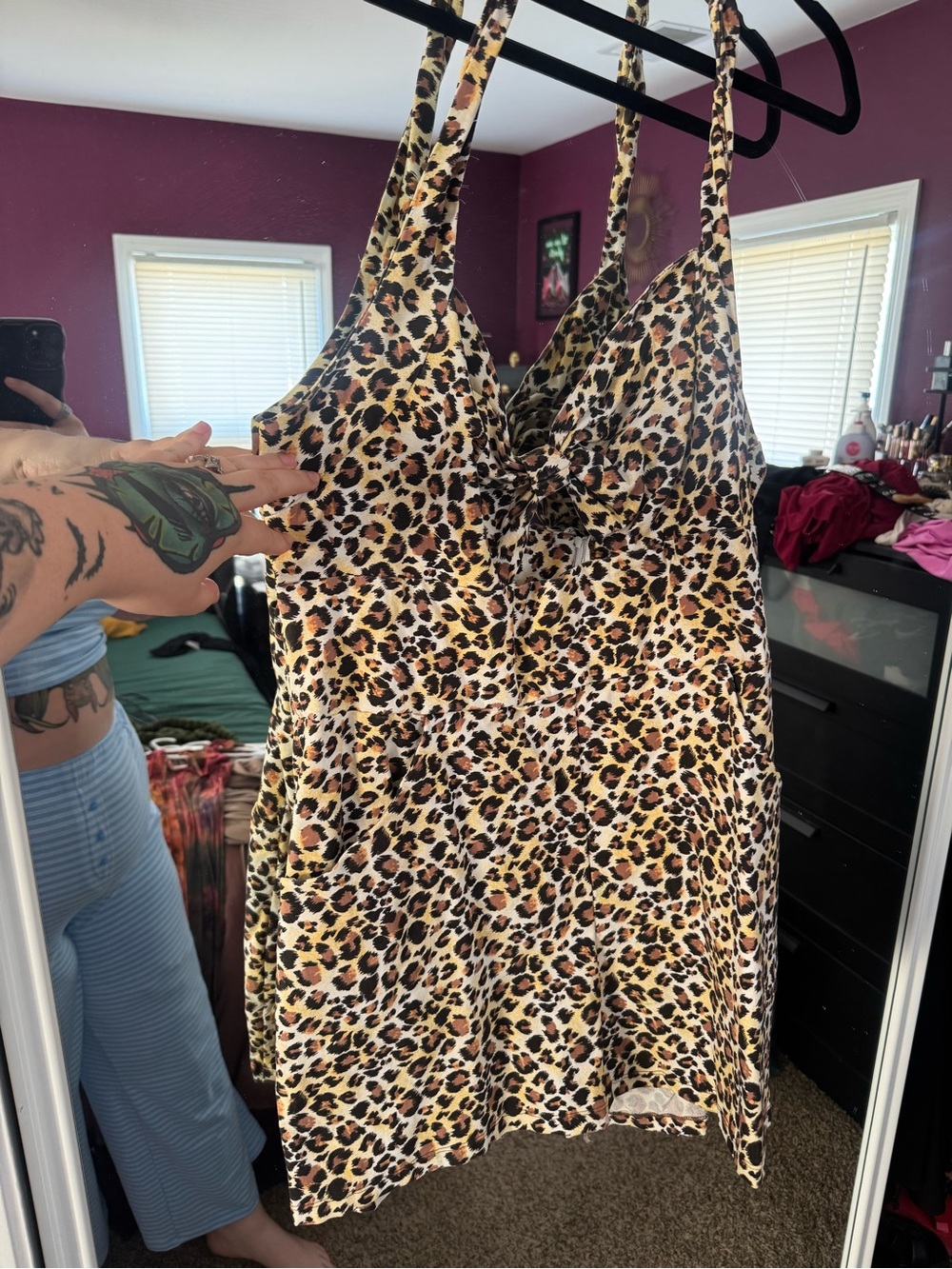 Bettie Page Leopard Print Bow Front Romper in Cream, Brown, Black